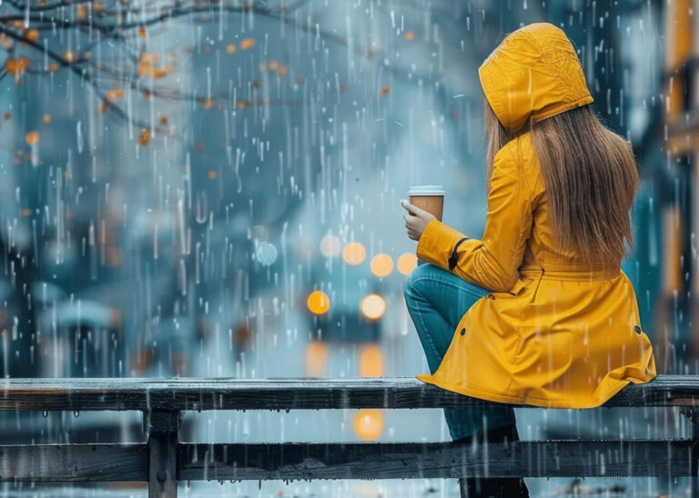 Frau sitzt auf einer Bank im Regen